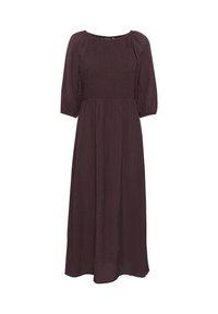 Robe midi violet foncé avec un corsage smocké, des manches courtes bouffantes et une jupe fluide. Fabriquée en tissu texturé avec un léger éclat.