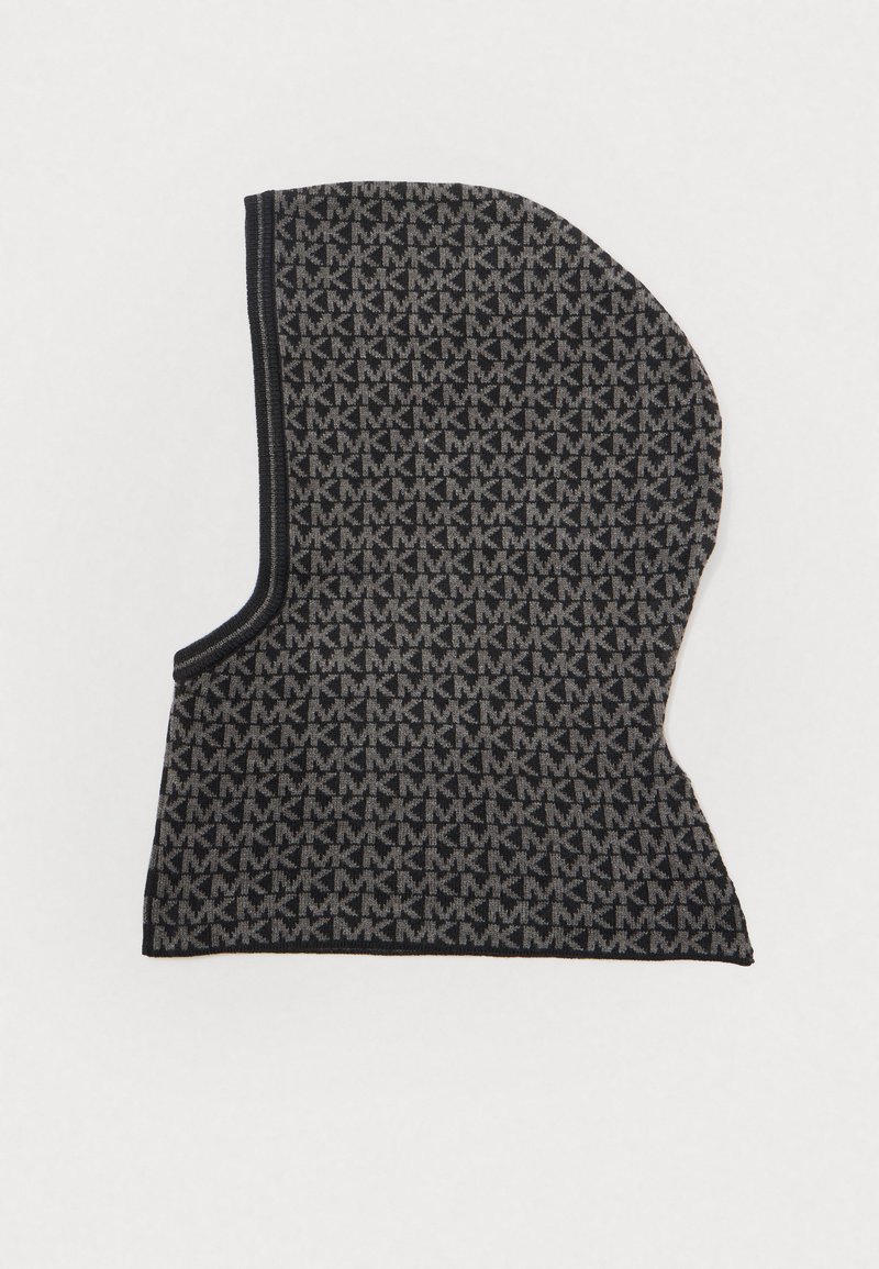 Balaclava lavorata a maglia di colore grigio scuro, caratterizzata da un motivo testurizzato con accenti di monogramma. Materiale morbido con una finitura liscia e forma curvata.