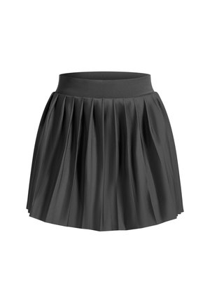 Gonna nera plissettata con una vita attillata, realizzata in tessuto morbido, con molteplici pieghe verticali per texture e movimento.