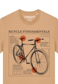 Beige t-shirt met een fietsillustratie en gelabelde onderdelen: zadel, stuur, aandrijflijn en wiel, omrand met zwart en rode accenten.