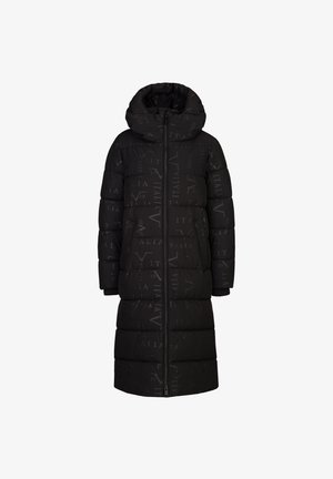 Zwarte gewatteerde jas met een hoge kraag en grote capuchon. Versierd met een tonale logopatroon. Voorzien van een rits aan de voorkant en geribbelde manchetten.