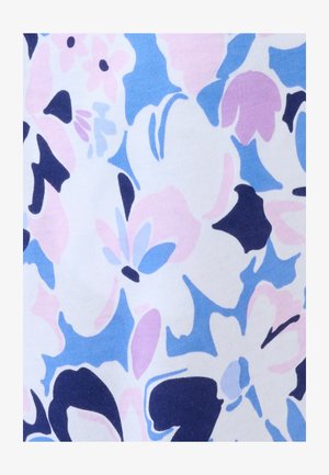 Motif floral abstrait avec de grandes pétales dans des nuances de bleu, rose, violet et marine sur un fond blanc.