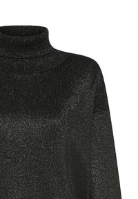 Maglione a collo alto nero con una texture a coste e dettagli di glitter sottile. Presenta un design aderente e un collo alto. Materiale in maglia morbido.