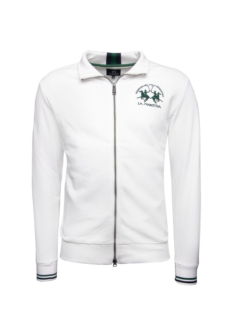 White zip-up jacket with a high collar, featuring a green embroidered logo and double-stripe accents on the cuffs. Soft fabric texture.