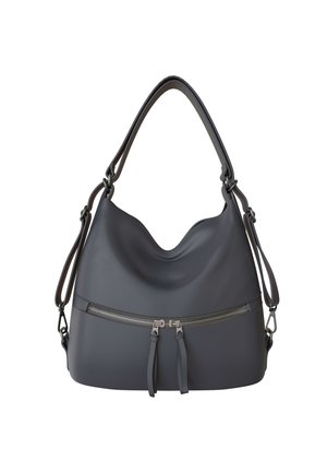 Dark gray leather handbag with a curved zipper pocket across the front, two zipper pulls, a top handle, and adjustable side straps.