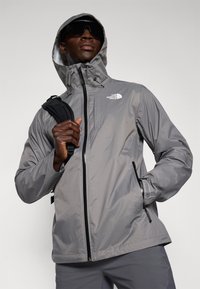 Pilkas lietpaltis su užtrauktuku ir kapišonu, turintis "The North Face" logotipą ant krūtinės ir šonines kišenes. Lygus paviršius, lengvas dizainas.