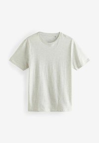 Lys grå kortærmet t-shirt lavet af blødt, tekstureret stof med rund halsudskæring og standard pasform. Ingen mønstre eller dekorationer.