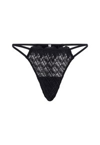 Črne čipkaste tangice z valovitim robom, diamantom vzorcem in nežnimi cvetličnimi motivi. Tanke naramnice poudarjajo minimalističen dizajn.