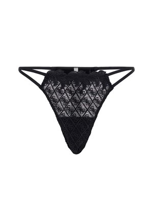 Černé krajkové tanga s vlnitým okrajem, diamantovým vzorem a jemnými květinovými motivy. Tenké ramínka zvýrazňují minimalistický design.