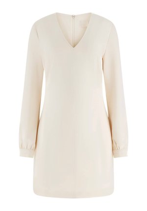 Abito a maniche lunghe con scollo a V in beige chiaro, dotato di cerniera nascosta sul retro e taglio dritto con maniche arricciate. Tessuto dalla texture liscia.