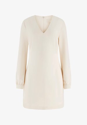 Sukienka z dekoltem w kształcie litery V i długimi rękawami w jasnobeżowym kolorze, z ukrytym zamkiem na plecach i prostym krojem z marszczonymi rękawami. Gładka faktura materiału.
