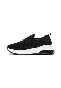 Black athletic shoe with a textured knitted upper, white midsole, and a black rubber sole featuring a visible air cushioning unit.