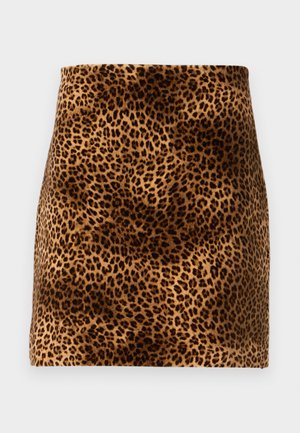 Leopard-print mini skirt featuring a soft texture, brown and black print on a beige background, with a fitted silhouette and clean edges.