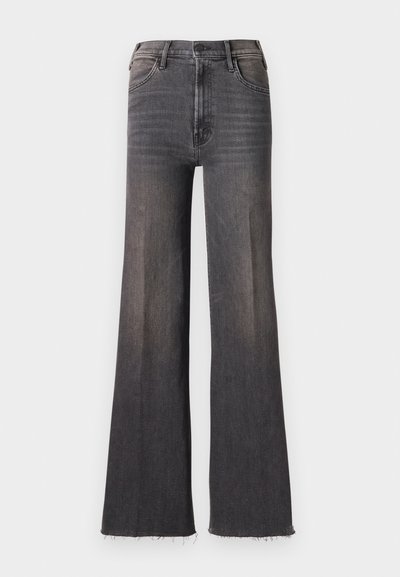 High-waisted faded black wide-leg jeans with button closure, front pockets, and raw frayed hems.