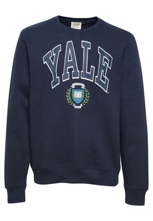 Tumedate sinine dress featuring "YALE" rasvas valges kirjas, ümar emblem keskel all. Valmistatud tekstureeritud puuvillasegust, ribaga mansettidega.