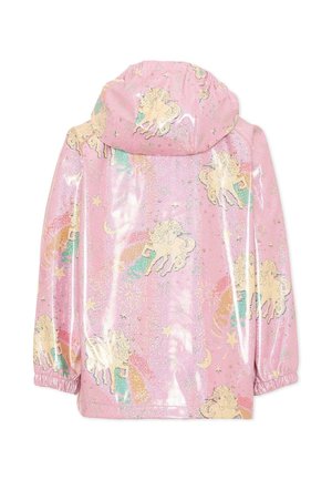 Impermeabile rosa lucido con cappuccio, decorato con unicorni gialli, arcobaleni, stelle e lune crescenti, progettato per bambini.