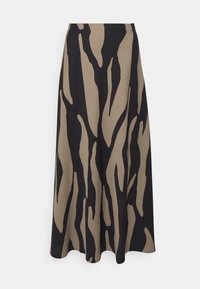 Maxi-Rock in Schwarz und Beige mit einem welligen, abstrakten Muster. Fließender Stoff und ein Hoher Bund, der eine glatte Textur bietet.