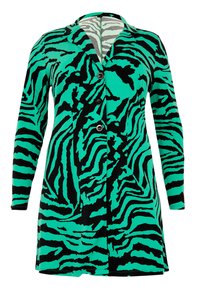 Langdurige mouwjas in turquoise met een zwart tijgerstreep patroon, voorzien van een kraag, knoopsluiting en een zachte textuur.