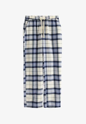 Blauwe en grijze geruite loungebroek met een elastische tailleband en koord, voorzien van twee zijzakken en een zachte stoffen textuur.
