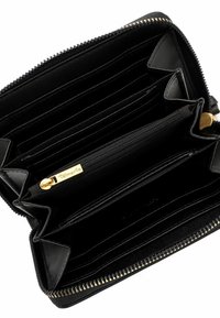 Black leather wallet with multiple card slots, a zippered compartment, and gold-tone zipper hardware, featuring a smooth texture.