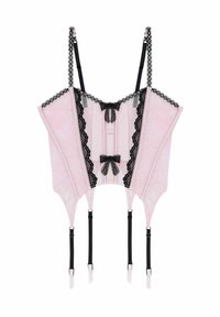 Rosa spetskorsett med svart spetskant, mittenrosett, justerbara axelband och strumpehållare. Strukturerad design med en slät textur.