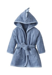 Blauer Frottee-Bademantel mit Kapuze, versehen mit einem lächelnden Gesicht Design, vorderen Taschen und einem Gürtel in der Taille. Weiche Textur und warmes Erscheinungsbild.