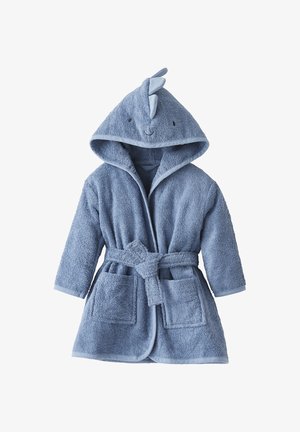 Blue terrycloth bathrobe with a hood, featuring a smiling face design, front pockets, and a belted waist. Soft texture and warm appearance.