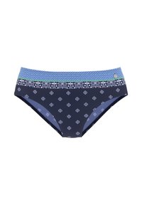 Bas de bikini marine avec une ceinture à motifs ornée de dessins floraux bleus et d'accents verts. Fabriqué en matériau extensible.