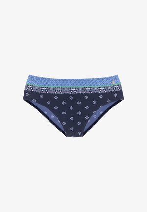 Bas de bikini marine avec une ceinture à motifs ornée de dessins floraux bleus et d'accents verts. Fabriqué en matériau extensible.