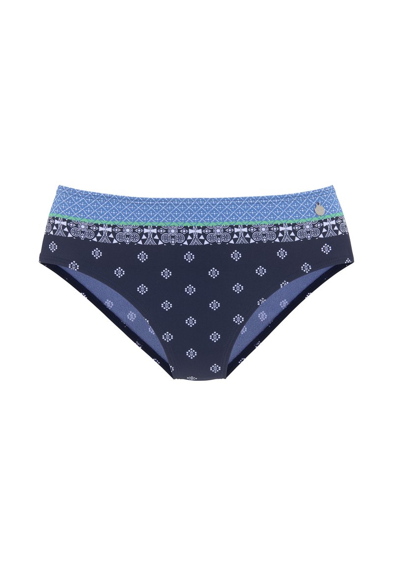 Bas de bikini marine avec une ceinture à motifs ornée de dessins floraux bleus et d'accents verts. Fabriqué en matériau extensible.