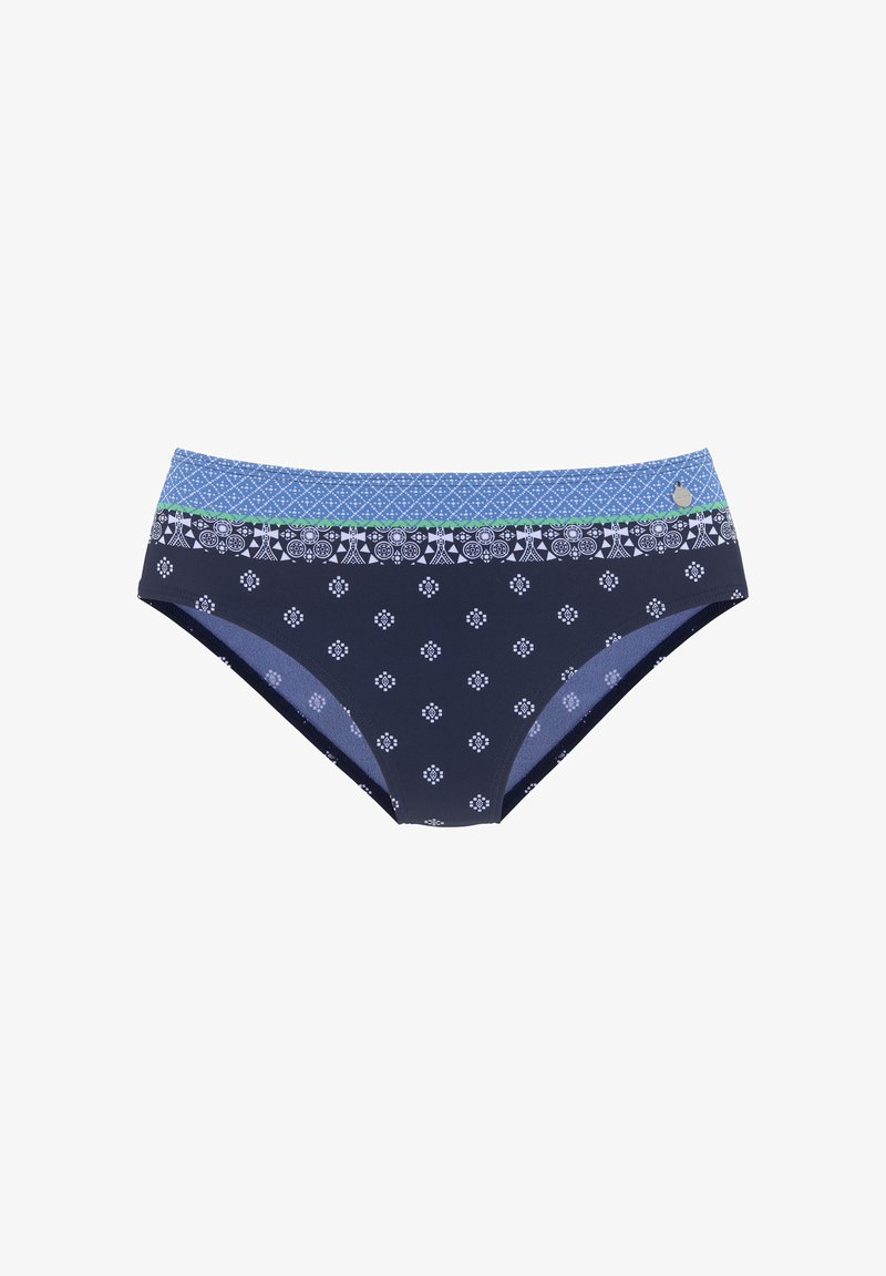 Bas de bikini marine avec une ceinture à motifs ornée de dessins floraux bleus et d'accents verts. Fabriqué en matériau extensible.