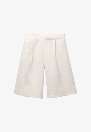 Beige linen shorts with a wide leg, featuring front pleats and a smooth waistband. The fabric has a slightly textured finish.