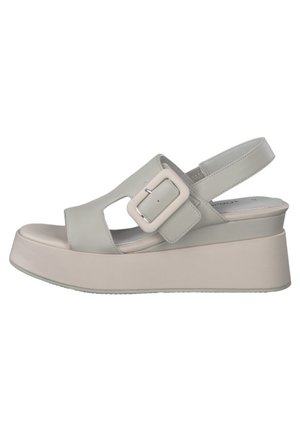 Helle graue Plattform-Sandalette mit einem breiten Riemen und einer rechteckigen Schnalle, offenes Zehendesign und strukturierter Sohle.