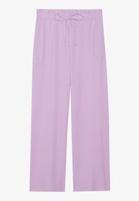 Pantalon ample de couleur violet clair avec une taille élastique et un cordon de serrage. Fabriqué en tissu doux avec une texture lisse.