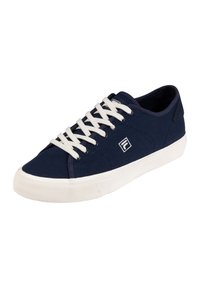 Sneaker in tela blu con lacci bianchi, suola in gomma bianca, punta tondeggiante e un piccolo logo sul lato. Texture liscia e design classico.