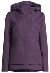 Giacca impermeabile viola con cappuccio, chiusura a bottoni automatici, texture morbida e tasche frontali. Presenta un logo sul petto e zip alle maniche.