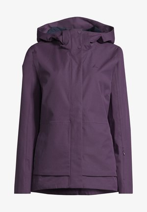 Purple waterproof jacket with a hood, snap button closure, soft texture, and front pockets. Features a logo on the chest and zippers at sleeves.