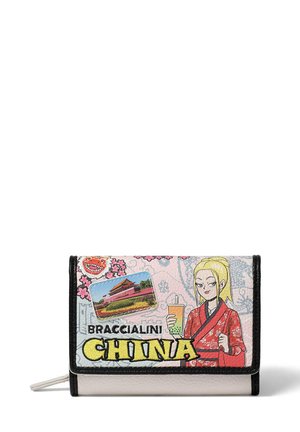 Braccialini portemonnee met een roze gestructureerd oppervlak met geborduurde details, waaronder een vrouw in traditionele kledij en iconische Chinese beelden.