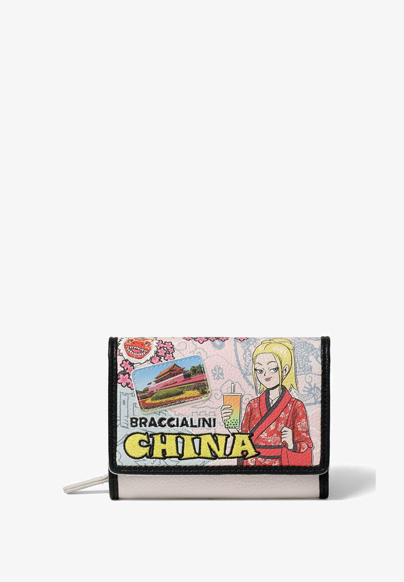 Braccialini portemonnee met een roze gestructureerd oppervlak met geborduurde details, waaronder een vrouw in traditionele kledij en iconische Chinese beelden.