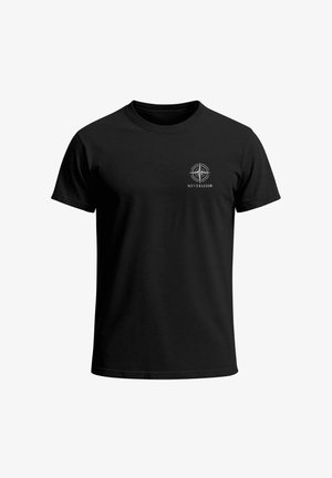 Schwarzes Baumwoll-T-Shirt mit Rundhalsausschnitt, kurzen Ärmeln und einem vorderen Logo mit Kompass-Design sowie dem weißen Schriftzug "NEVERLESS".