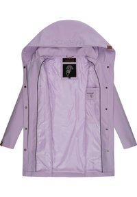 Light purple waterproof jacket with a large hood, snap closure, smooth interior lining, shoulder patches, and an interior label with a graphic.