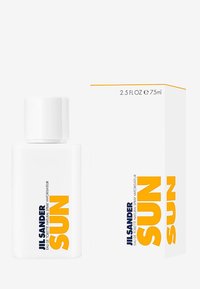 White rectangular perfume bottle and matching box with "Jil Sander SUN" in blue and large orange text, labeled 2.5 fl oz (75 ml).
