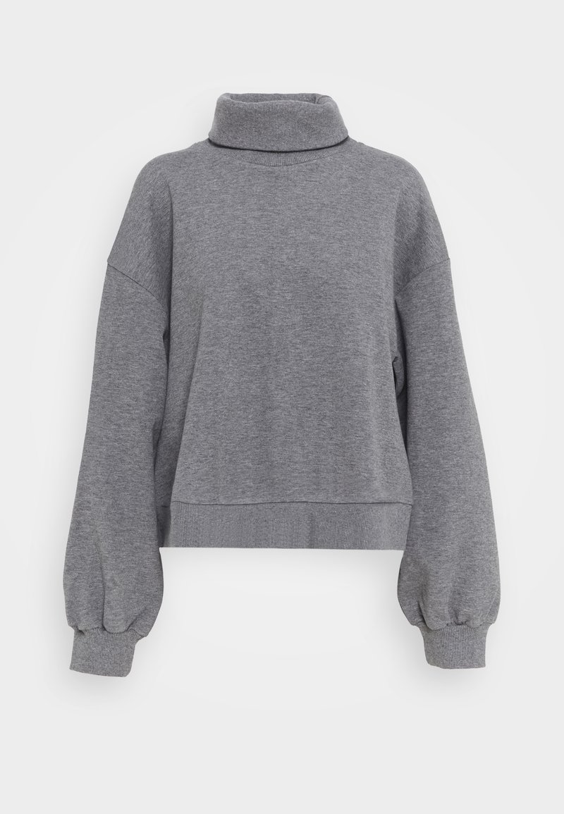 Pull col roulé gris à manches longues avec bords-côtes aux poignets et à l’ourlet, coupe ample légèrement raccourcie.