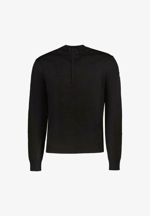 Zwarte pullovertrui met een hoge hals en korte rits. Heeft ribgebreide manchetten en onderrand, een gladde structuur en lange mouwen.