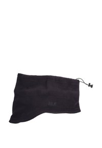 Scaldacollo in pile nero con coulisse regolabile. Presenta una superficie liscia e un logo impresso sul tessuto.