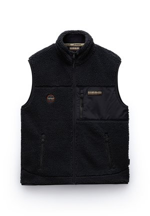 Svart fleecevest med høy krage, glidelåslukking foran, to sidelommer og en brystlomme. Har teksturert stoff og en logo-patch.