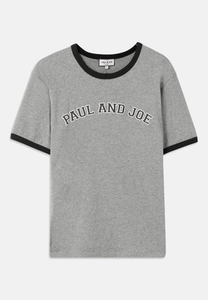 Gray cotton T-shirt with black ribbed collar and sleeve cuffs, featuring the text "PAUL AND JOE" in white arched lettering on the front.