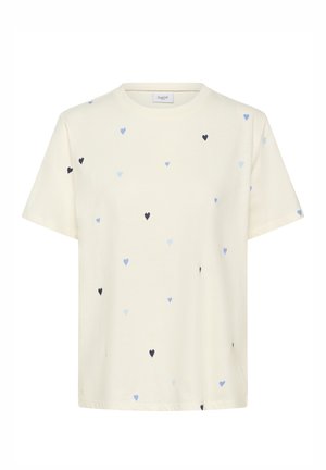 Krēmkrāsas kokvilnas T-krekls ar izkliedētiem sirdīm gaiši zilā un tumši zilā krāsā. Apaļa apkakle un īsas piedurknes ar brīvu piegriezumu.