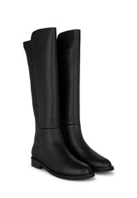 Botas de cuero negro hasta la rodilla con un acabado liso y paneles de malla texturizados a los lados. Suela plana y diseño de punta redonda.