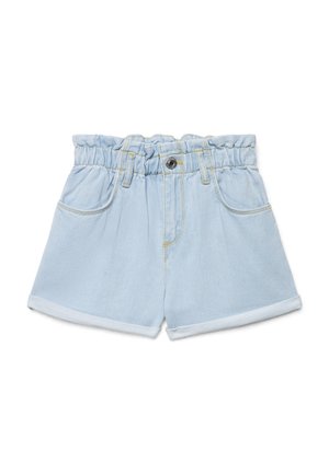 Shorts in denim azzurro chiaro con vita elastica, risvolti arrotolati, tasche frontali, passanti per cintura e chiusura con bottone.